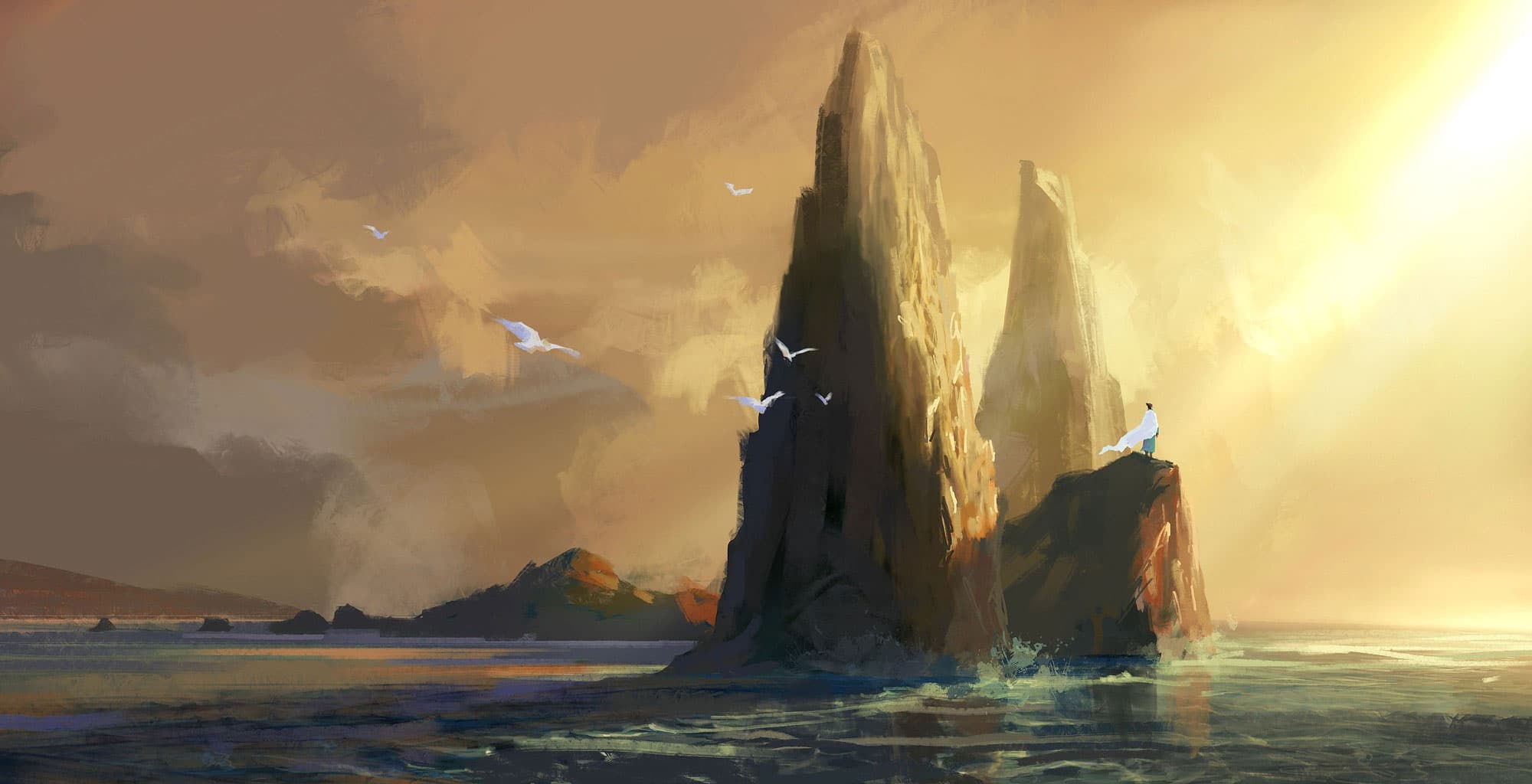 Fantasy-landschap met rotsformaties in zee bij zonsondergang en een figuur die uitkijkt over het water